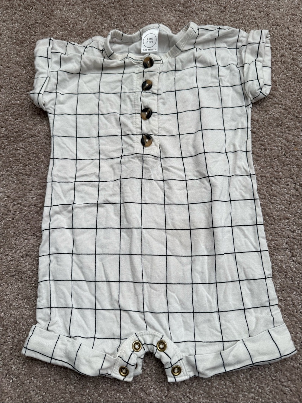 Lou Lou & Co Neutral Cream & Black Grid Short-Sleeve Romper Size 6-12 M